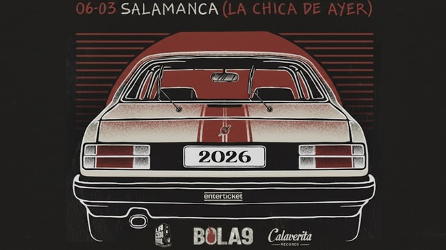Ilustración de la parte trasera de un coche clásico con la fecha 2026 en la matrícula, cartel oficial de Dura Calá en Salamanca.
