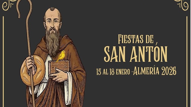 Cartel oficial de las Fiestas de San Antón 2026 en Almería, con la ilustración del santo portando un báculo, un pan y un pequeño pájaro amarillo.