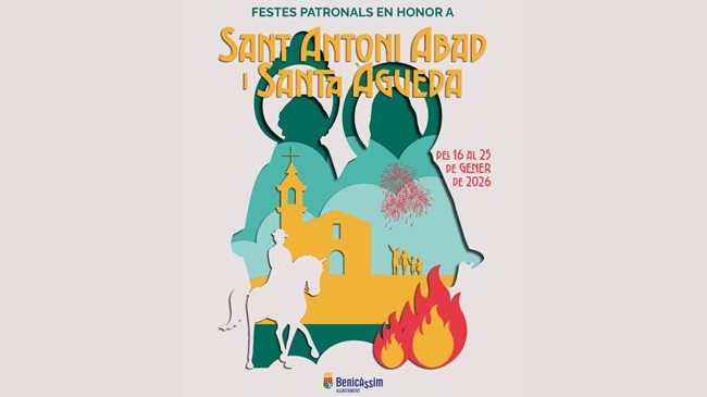 Cartel oficial de las fiestas patronales de San Antonio Abad y Santa Águeda 2026 en Benicàssim con ilustración de los patrones, una hoguera y un jinete.