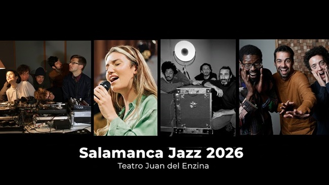 Cartel del ciclo Salamanca Jazz 2026 en el Teatro Juan del Enzina con fotos de los artistas participantes: Lucía Martínez & The Fearless, Carmen Lancho, Triplanetas y Xavi Torres Trío.