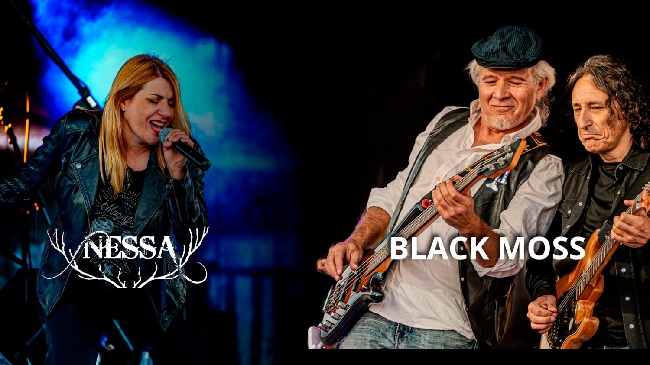 Composición fotográfica para el concierto en Salamanca. A la izquierda, la vocalista de Nessa cantando con pasión. A la derecha, los músicos de Black Moss tocando el bajo y la guitarra eléctrica en un escenario.