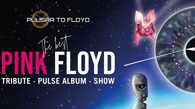 Cartel del tributo a Pink Floyd Púlsar to Floyd en Salamanca con iconografía de P·U·L·S·E y un cerdo volador.