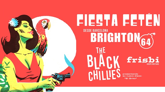 Cartel de la Fiesta Fetén con ilustración estilo pulp de una mujer con revólver y un loro. Anuncia a Brighton 64, The Black Chillies y Frisbi en Salamanca.