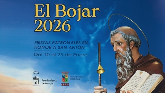Cartel de las Fiestas Patronales en honor a San Antón 2026 en El Bojar, Beniaján (Murcia), del 10 al 25 de enero.