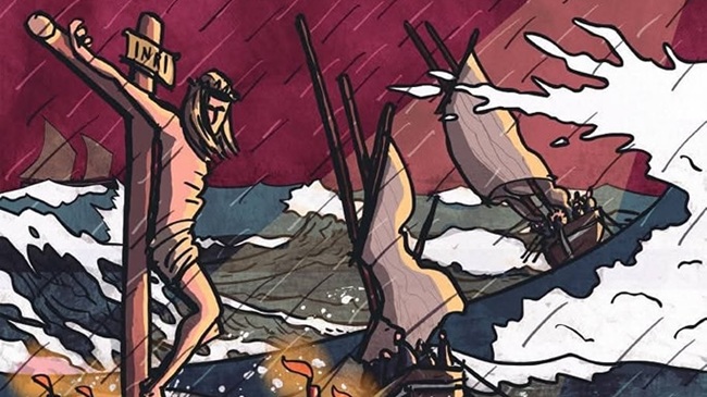 Ilustración del Cristo del Socorro de Luanco frente al mar embravecido con barcos marineros, cartel oficial de las fiestas 2026.