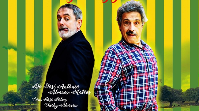 artel de la obra de teatro Lopoland en Aranjuez, con los actores José Solaz y Chicky Álvarez en un montaje cómico sobre fondo de franjas verdes y amarillas.