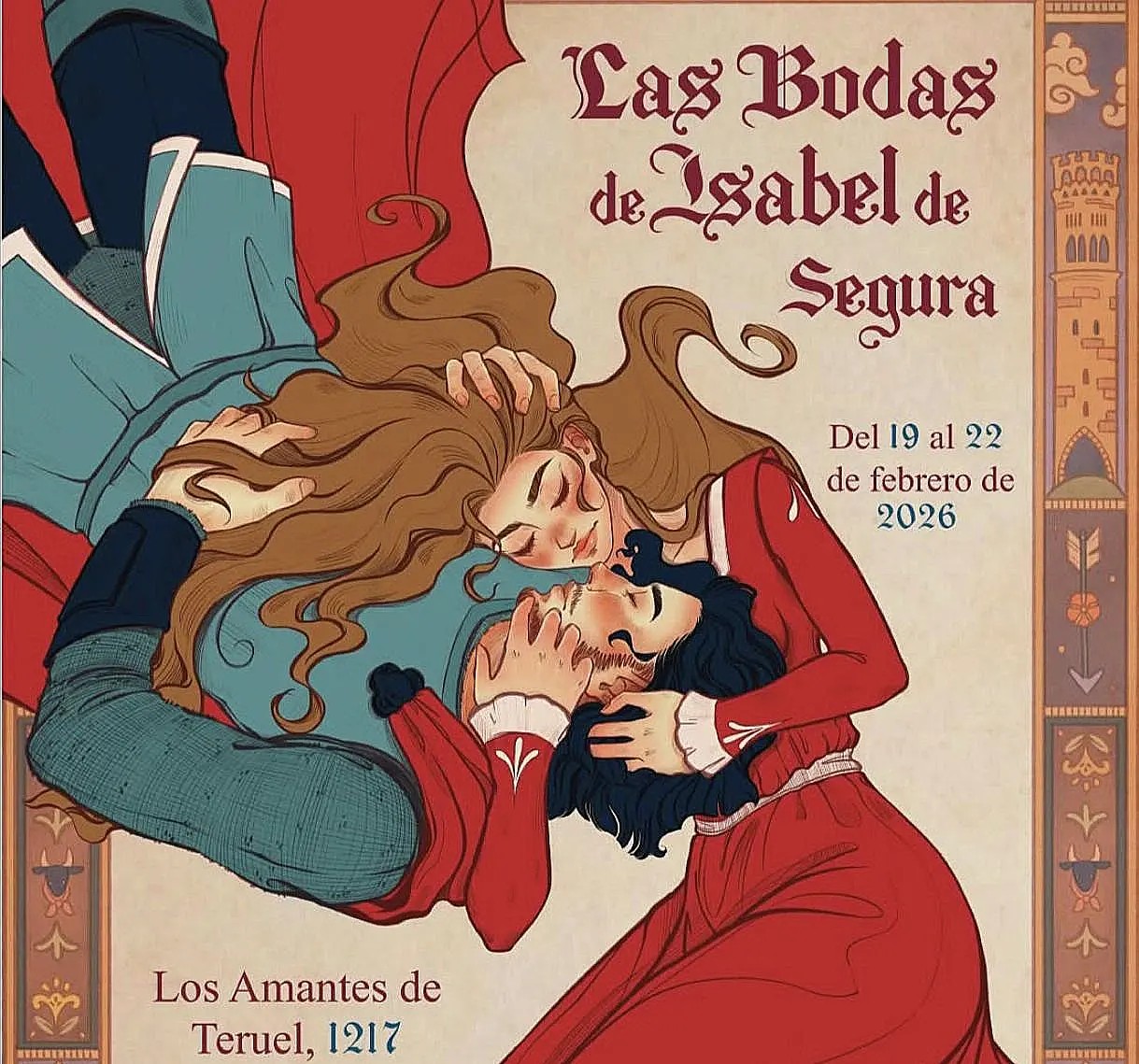 Cartel oficial de la XXX edición de Las Bodas de Isabel de Segura en Teruel, ilustrando a los Amantes de Teruel.
