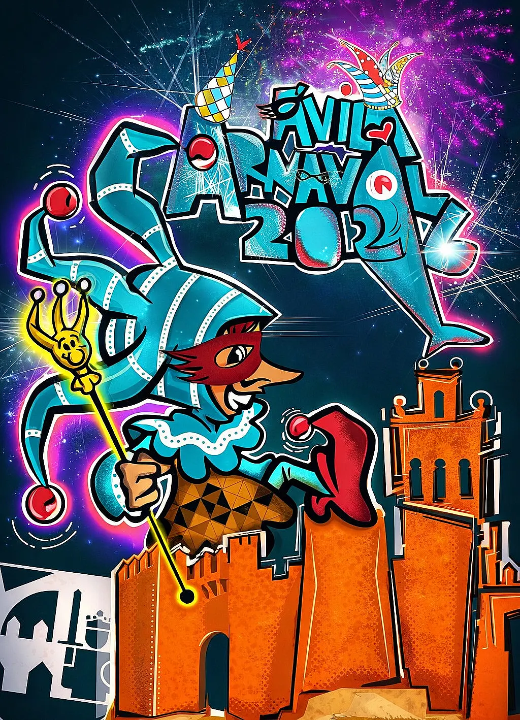 Cartel del Carnaval de Ávila 2026 con un arlequín azul sobre la muralla y fuegos artificiales.