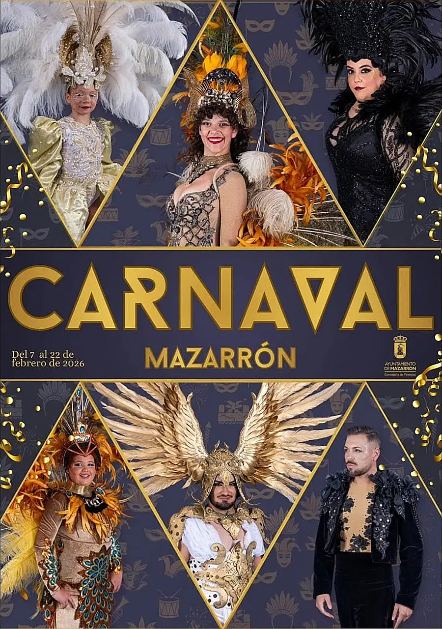 Cartel oficial del Carnaval de Mazarrón 2026 con detalles de comparsas y la costa de Mazarrón.