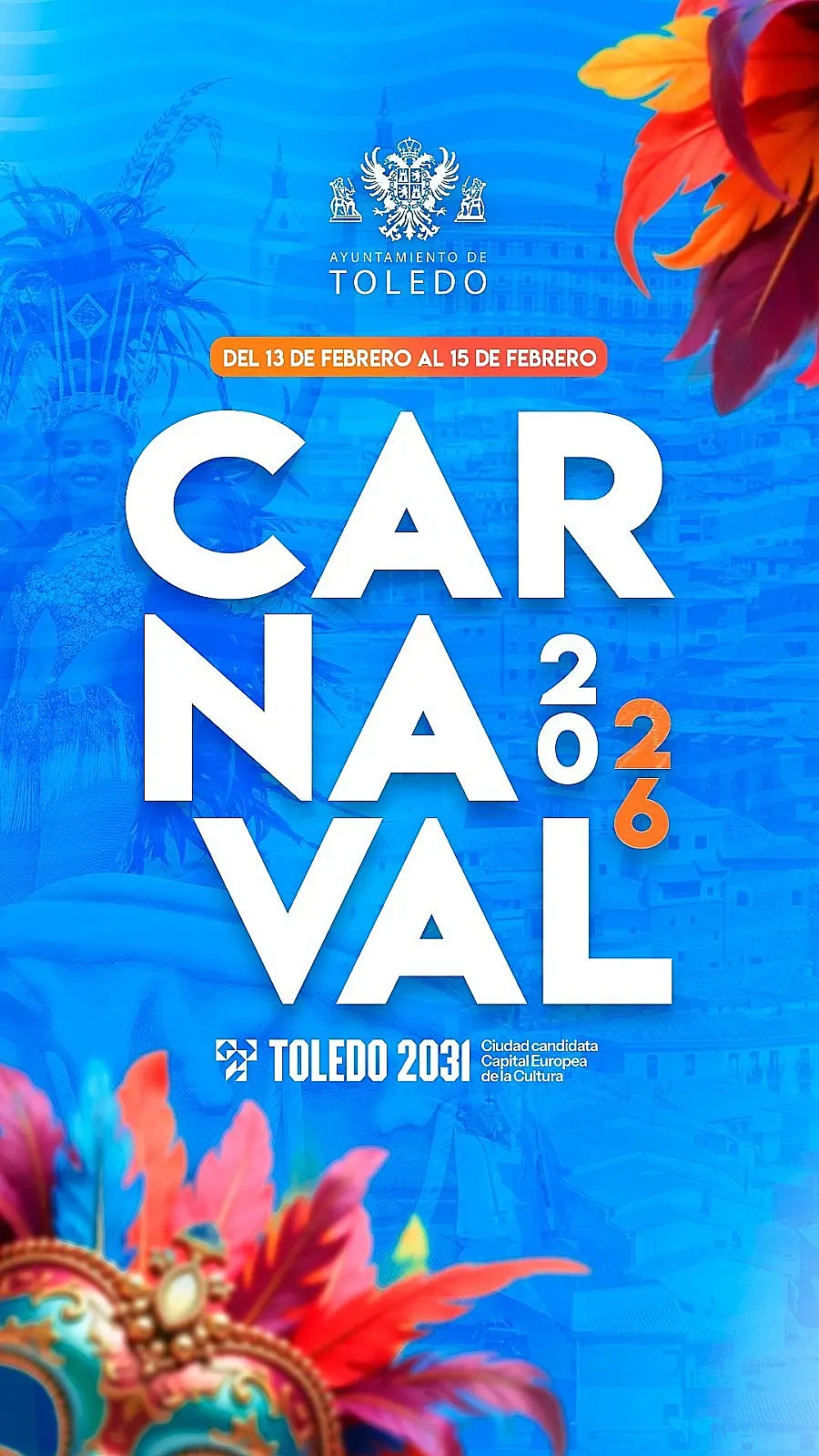 Cartel oficial del Carnaval de Toledo 2026 con diseño festivo en tonos azules.