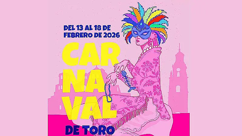 Ilustración del Carnaval de Toro 2026: una mujer con máscara azul y gran tocado de plumas multicolor sostiene una espina de pescado y un rosario azul, con el skyline de Toro en rosa de fondo.