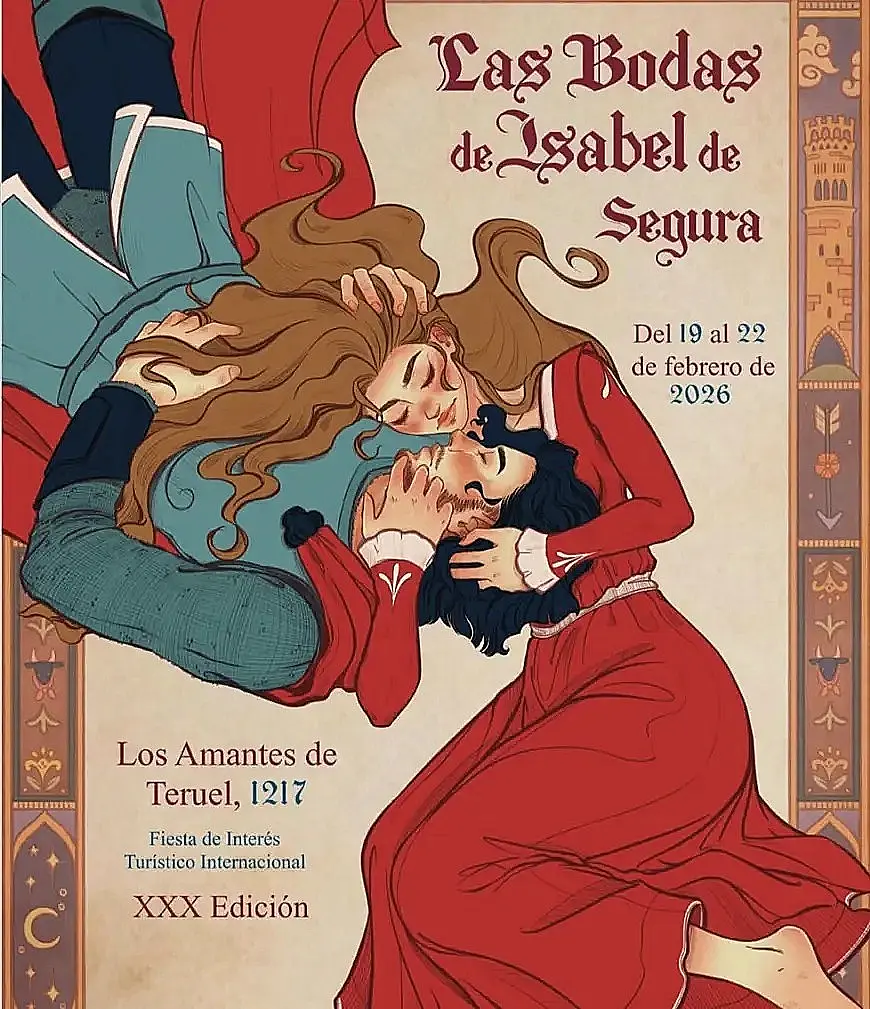 Cartel oficial de la XXX edición de Las Bodas de Isabel de Segura en Teruel, ilustrando a los Amantes de Teruel.