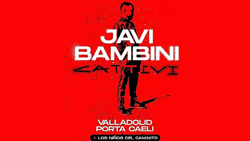 Cartel de estilo urbano sobre fondo rojo intenso con la silueta de Javi Bambini y el anuncio de su concierto junto a Los Niños del Caminito en la Sala Porta Caeli de Valladolid.