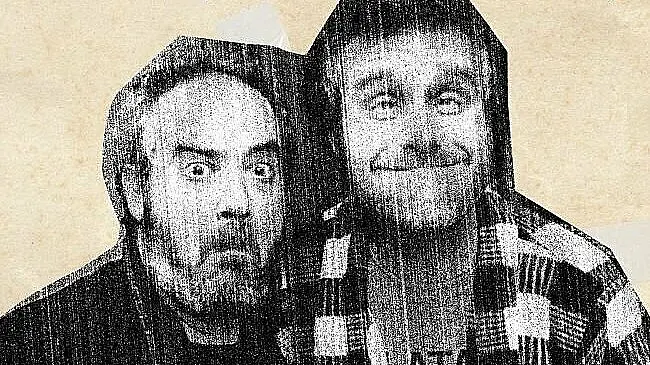 Retrato en blanco y negro con efecto de grabado de los integrantes de Los Gandules, Roberto Montañés y Santiago Díaz, para su concierto en la Sala Porta Caeli de Valladolid.