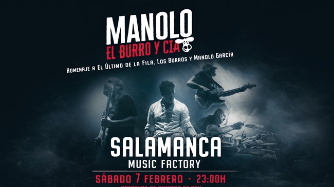 Cartel del concierto tributo a Manolo García y El Último de la Fila en la sala Music Factory de Salamanca, con la banda en plena actuación bajo luces de escenario.
