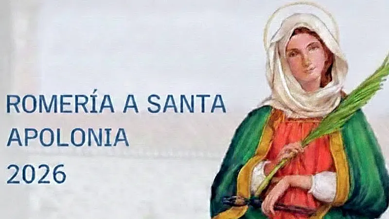 Cartel oficial de la Romería de Santa Apolonia 2026 en Talavera de la Reina, con el programa de actos del domingo 15 de febrero, horarios de autobuses y entrega de bastones.