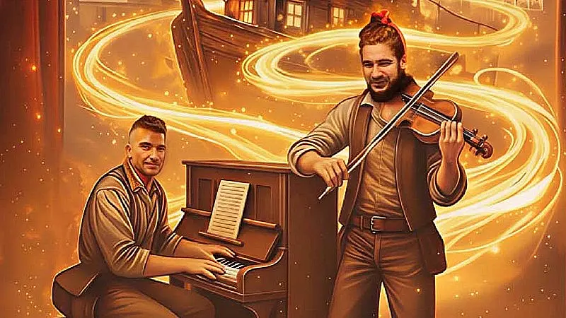 Ilustración artística en tonos dorados y ocres que muestra a dos músicos de Strad & Cía, uno al piano y otro tocando el violín, rodeados de estelas de luz mágicas y una cabaña de madera al fondo.