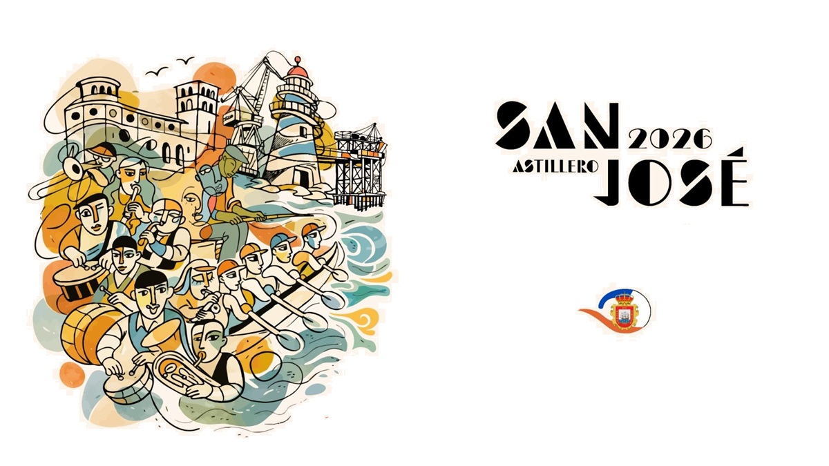 Cartel oficial de las Fiestas de San José 2026 en Astillero, Cantabria, con ilustraciones de remeros, músicos y elementos marítimos.
