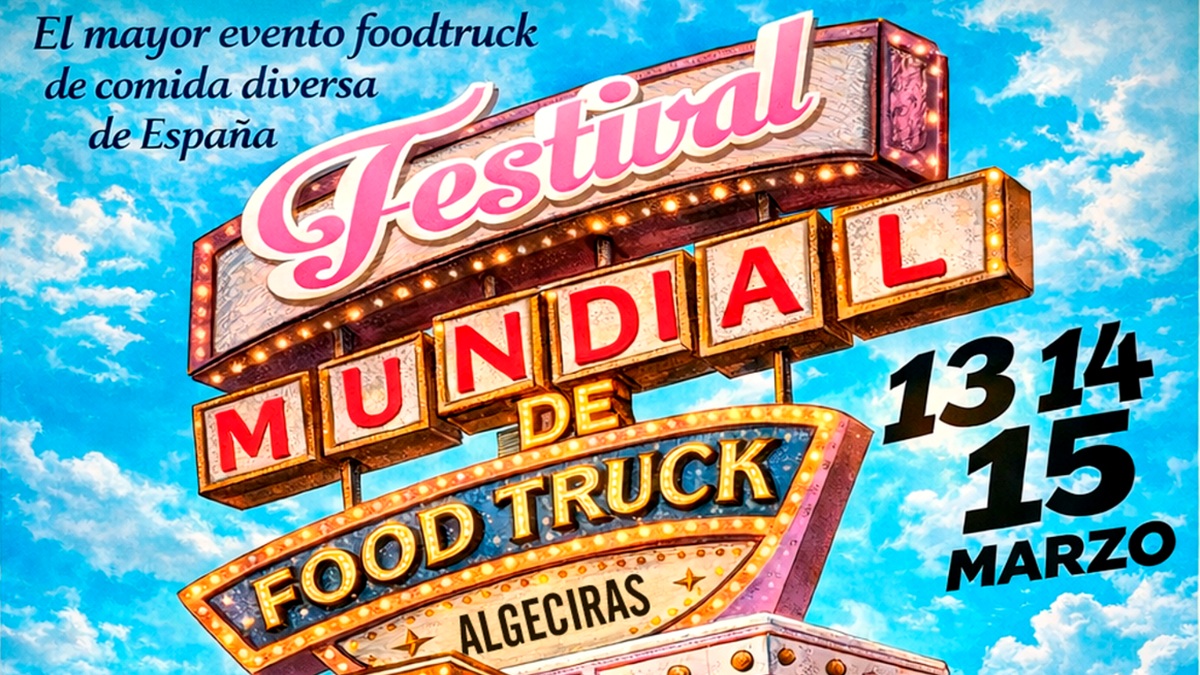 Cartel del Festival Mundial de Foodtrucks en Algeciras 2026 con fechas y programación de tributos musicales.