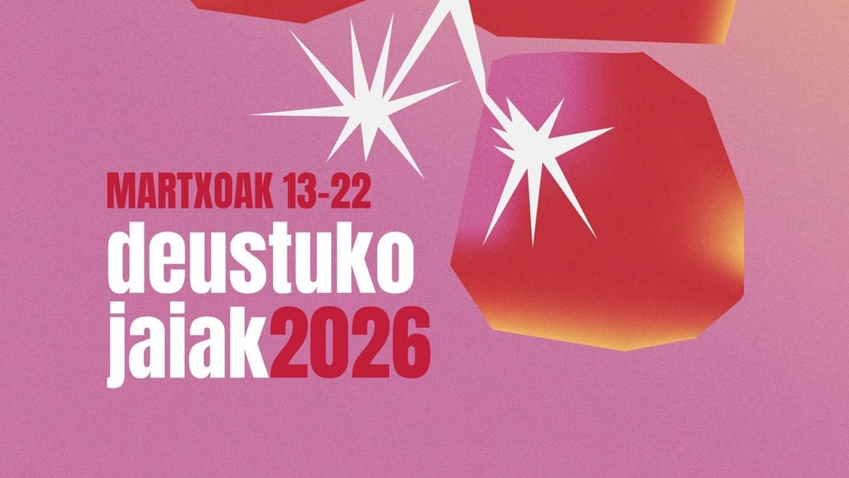 Cartel de las fiestas de Deusto (Deustuko Jaiak) 2026, con fechas del 13 al 22 de marzo sobre fondo rosa y formas geométricas rojas.