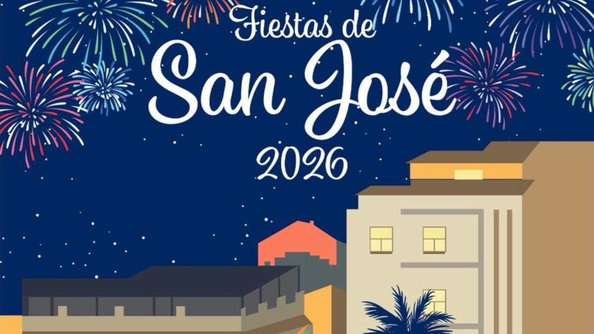 Cartel oficial de las Fiestas de San José 2026 en Lorca con fuegos artificiales e ilustración del barrio.