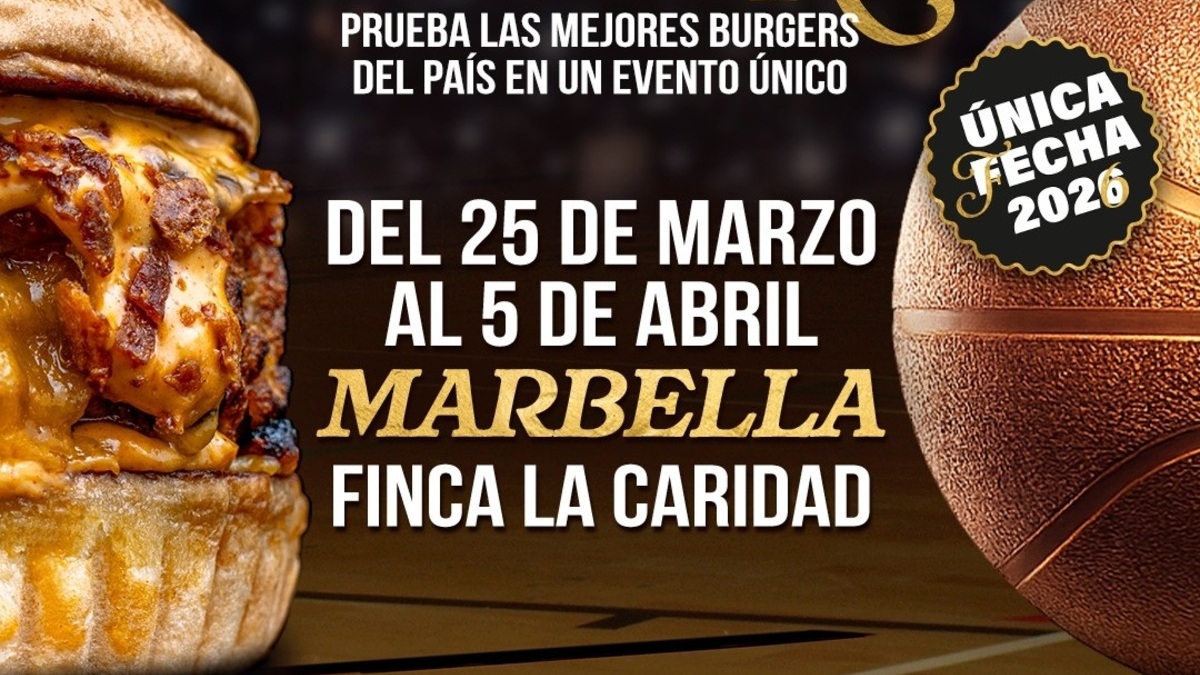 Cartel oficial de The Champions Burger All Star en Marbella, Finca La Caridad, del 25 de marzo al 5 de abril de 2026, con una hamburguesa gourmet y un balón de baloncesto.